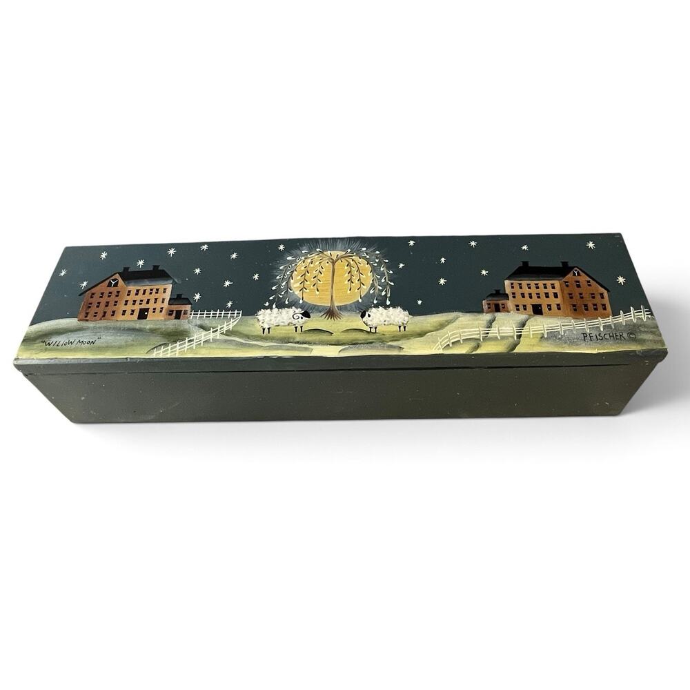 Vtg Pat Fischer Folk Art Long 18” Wood Box Willow Moon Primitive Saltbox House